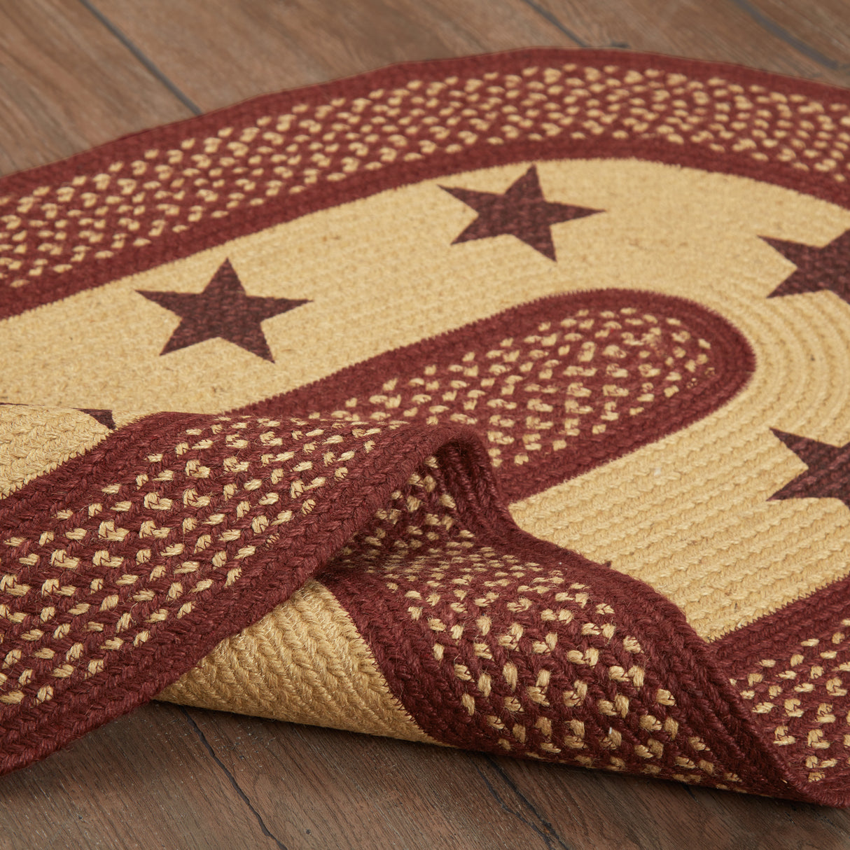 Burgundy Red Primitive Jute Rug Oval Stencil Stars w/ Pad 27x48