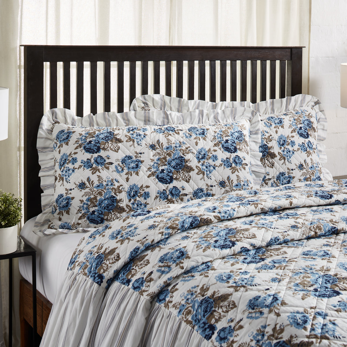 Annie Blue Floral Ruffled King Sham 21x37, Set of 2