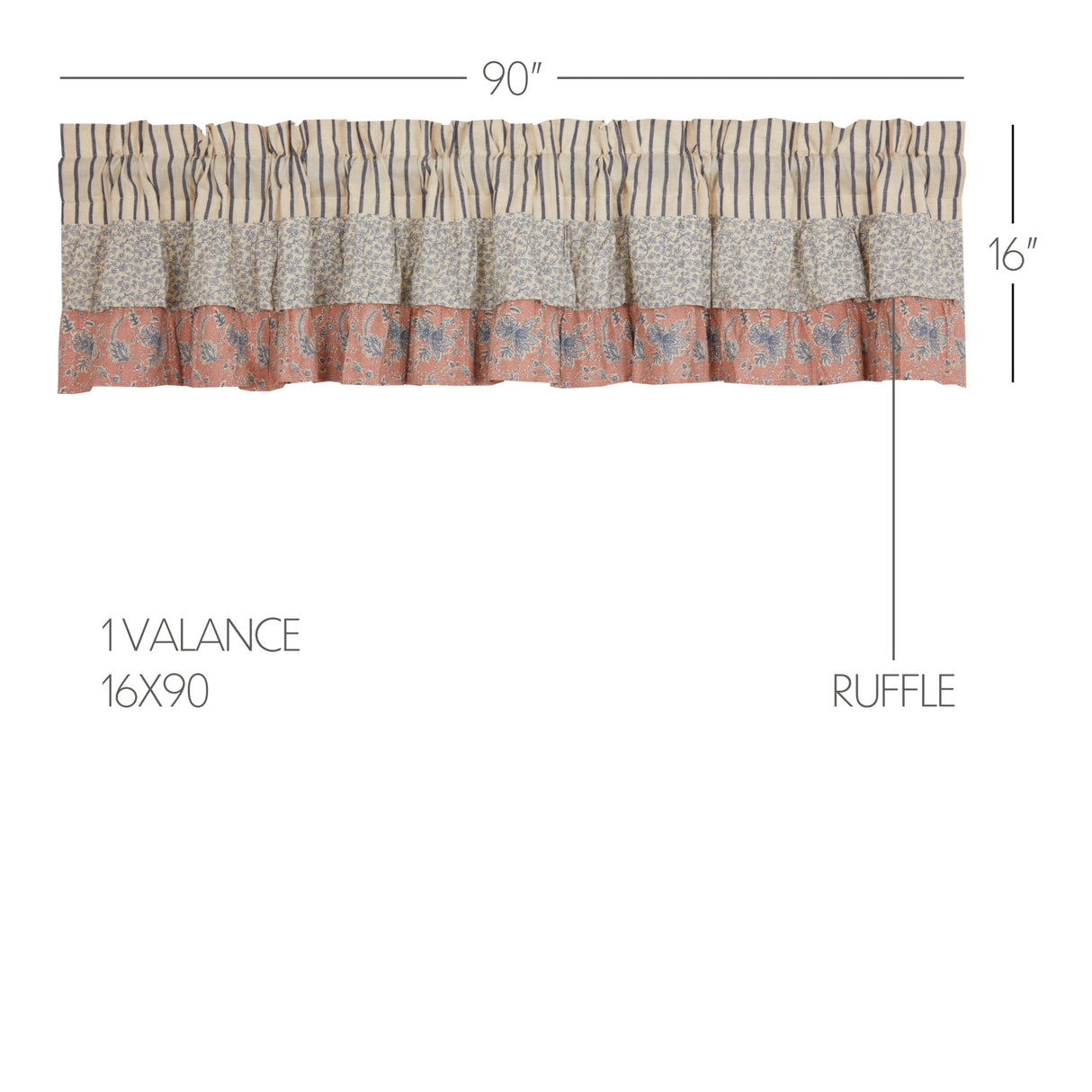 Kaila Ticking Blue Ruffled Valance 16x90