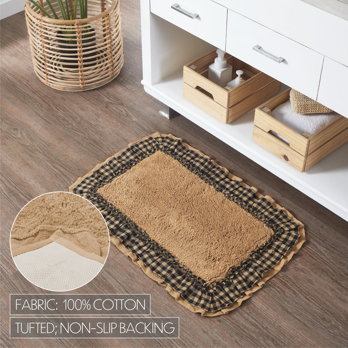 VHC Brands Burlap Natural with Black Check 2pc Bathhmat Set, 20x30 and 27x48