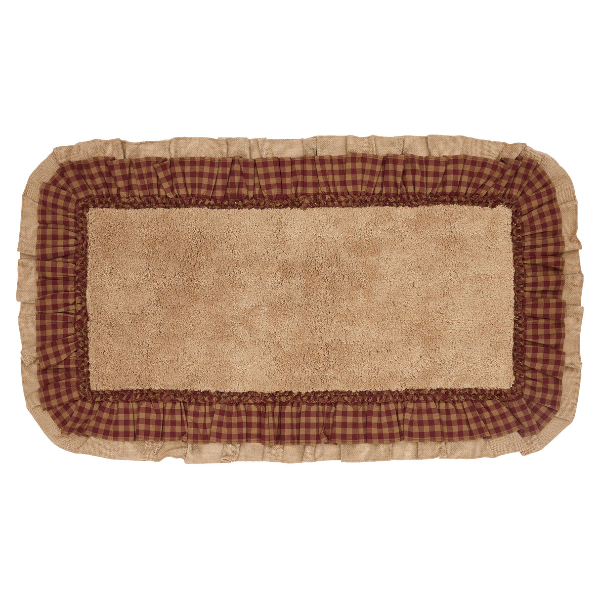 VHC Brands Burlap Natural with Burgundy Check 2pc Bathhmat Set, 20x30 and 27x48