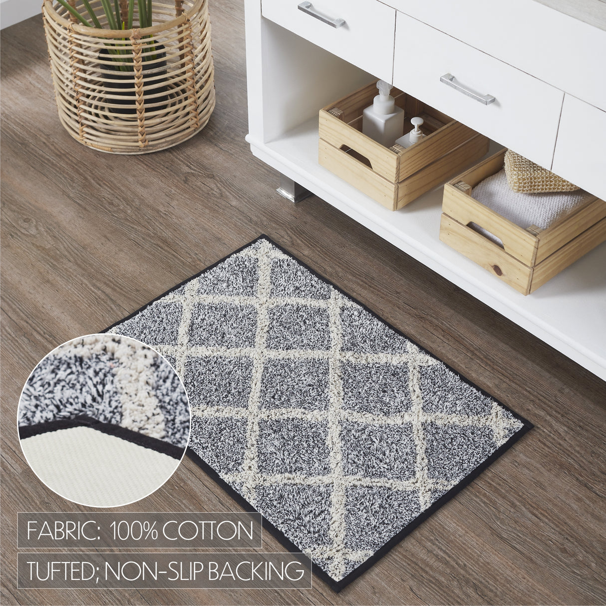 VHC Brands Frayed Lattice Denim Grey 2pc Bathhmat Set, 20x30 and 27x48