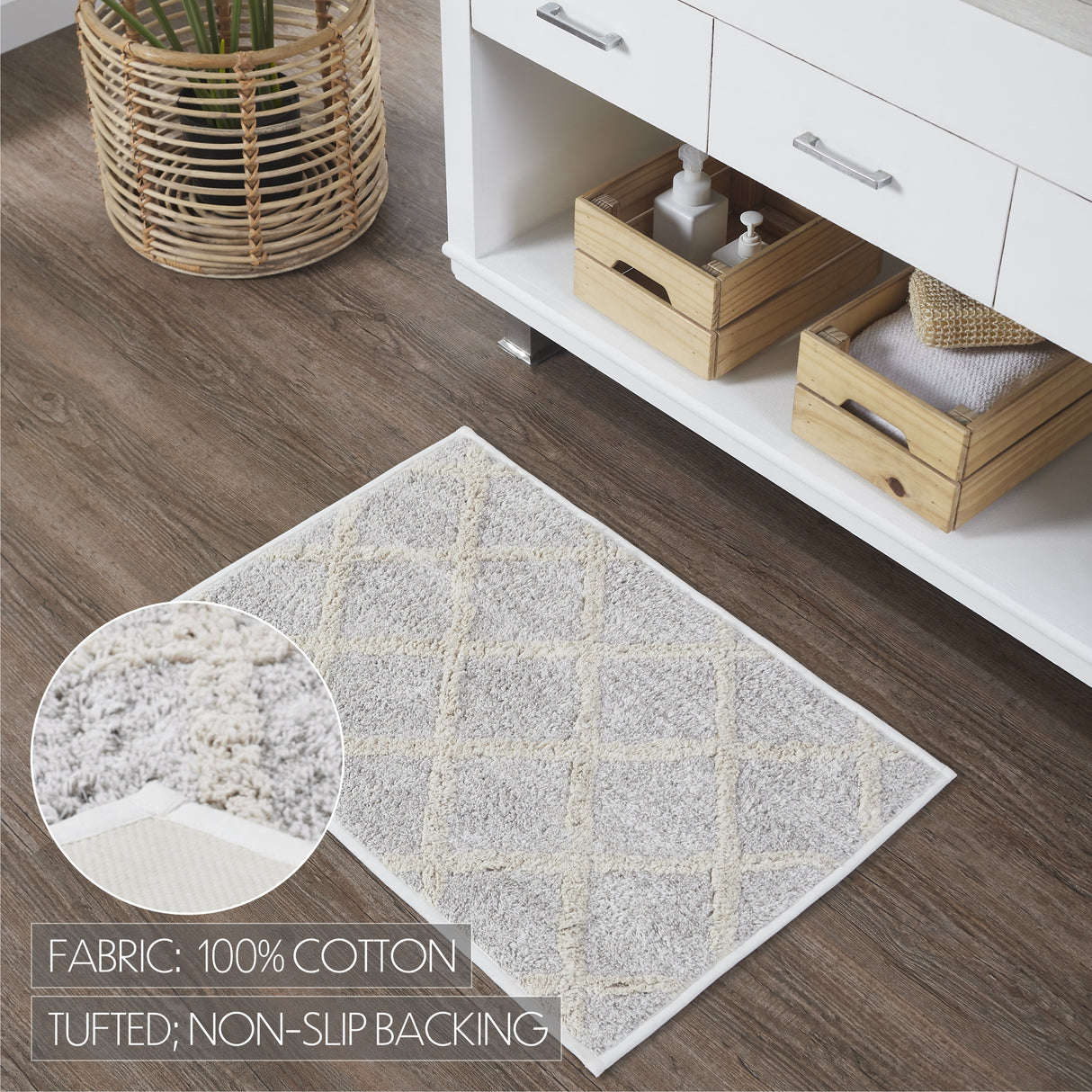 VHC Brands Frayed Lattice Oatmeal Tan 2pc Bathhmat Set, 20x30 and 27x48