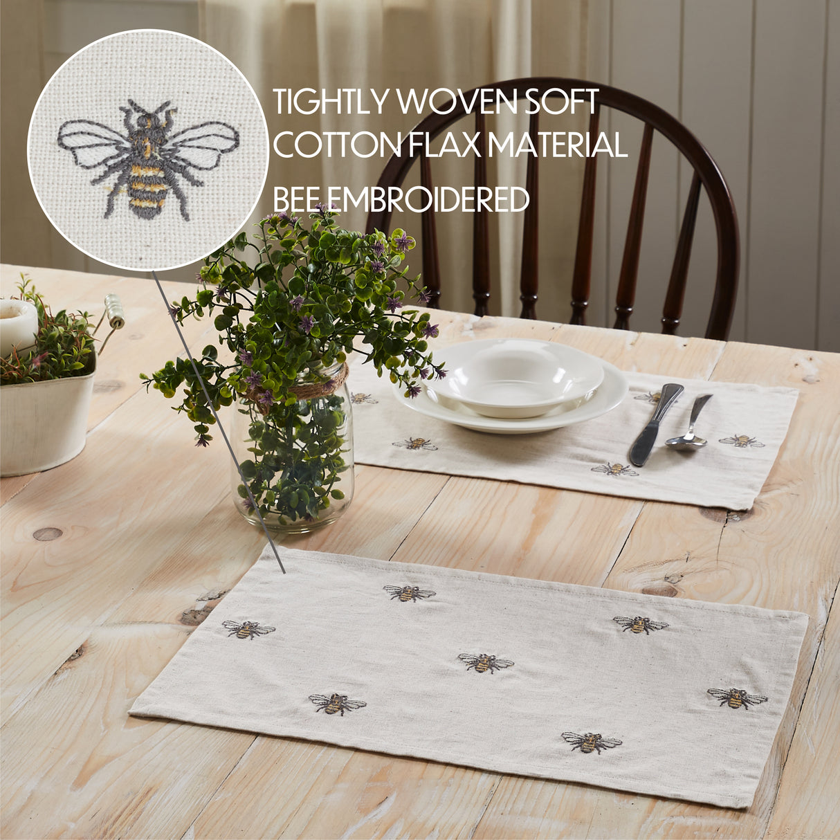 Embroidered Bee Soft Yellow 13x72 Table Runner & 6 pc 12x18 Placemat Set