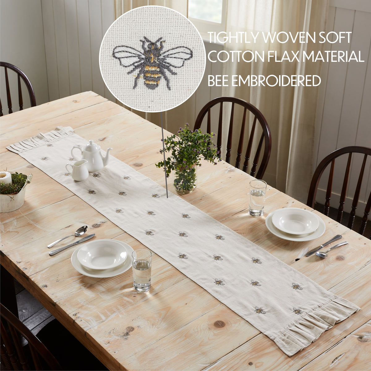 Embroidered Bee Soft Yellow 13x72 Table Runner & 6 pc 12x18 Placemat Set