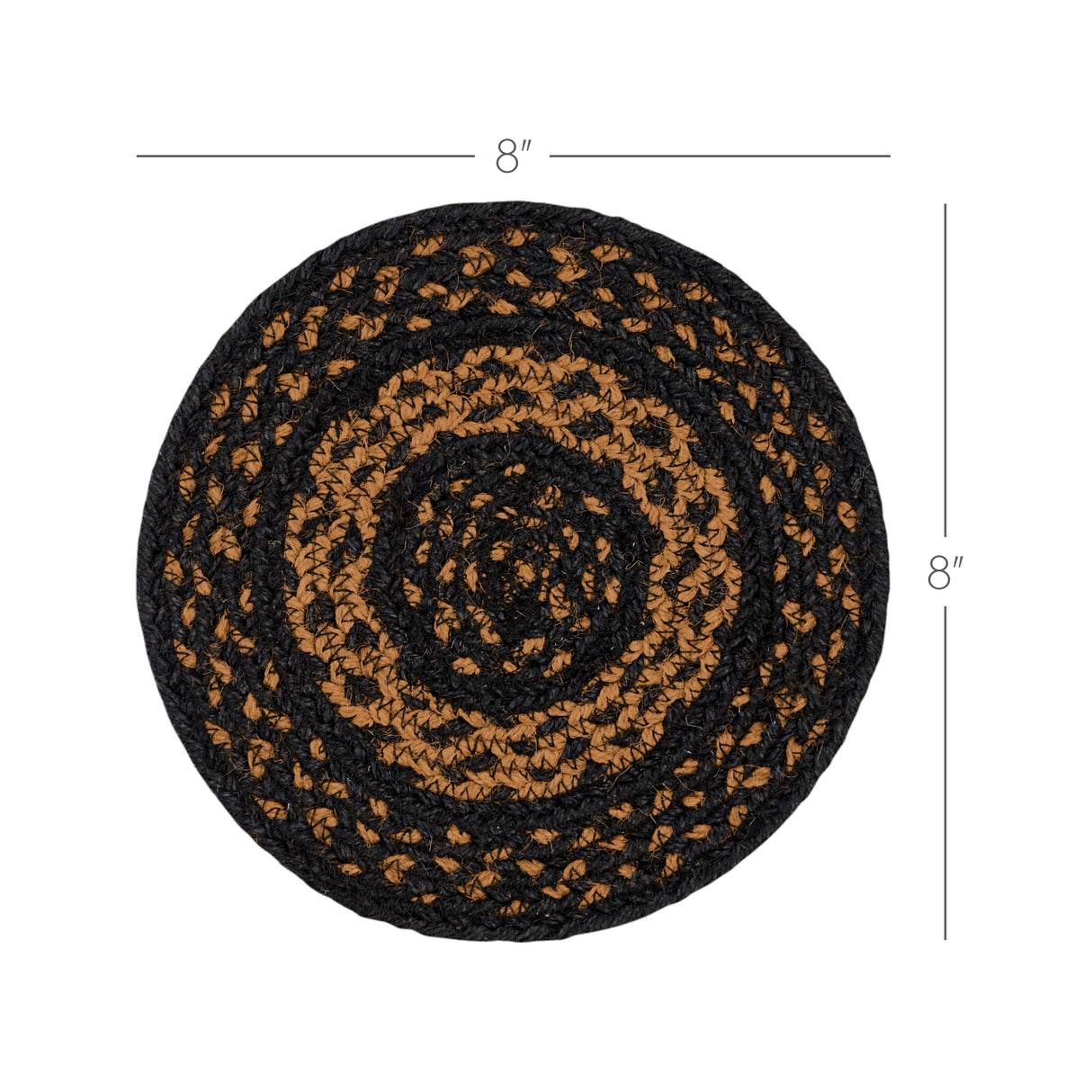 Black & Tan Braided Jute Mat Trivet Placemat, Round, Black, 15 inch, Set of 3