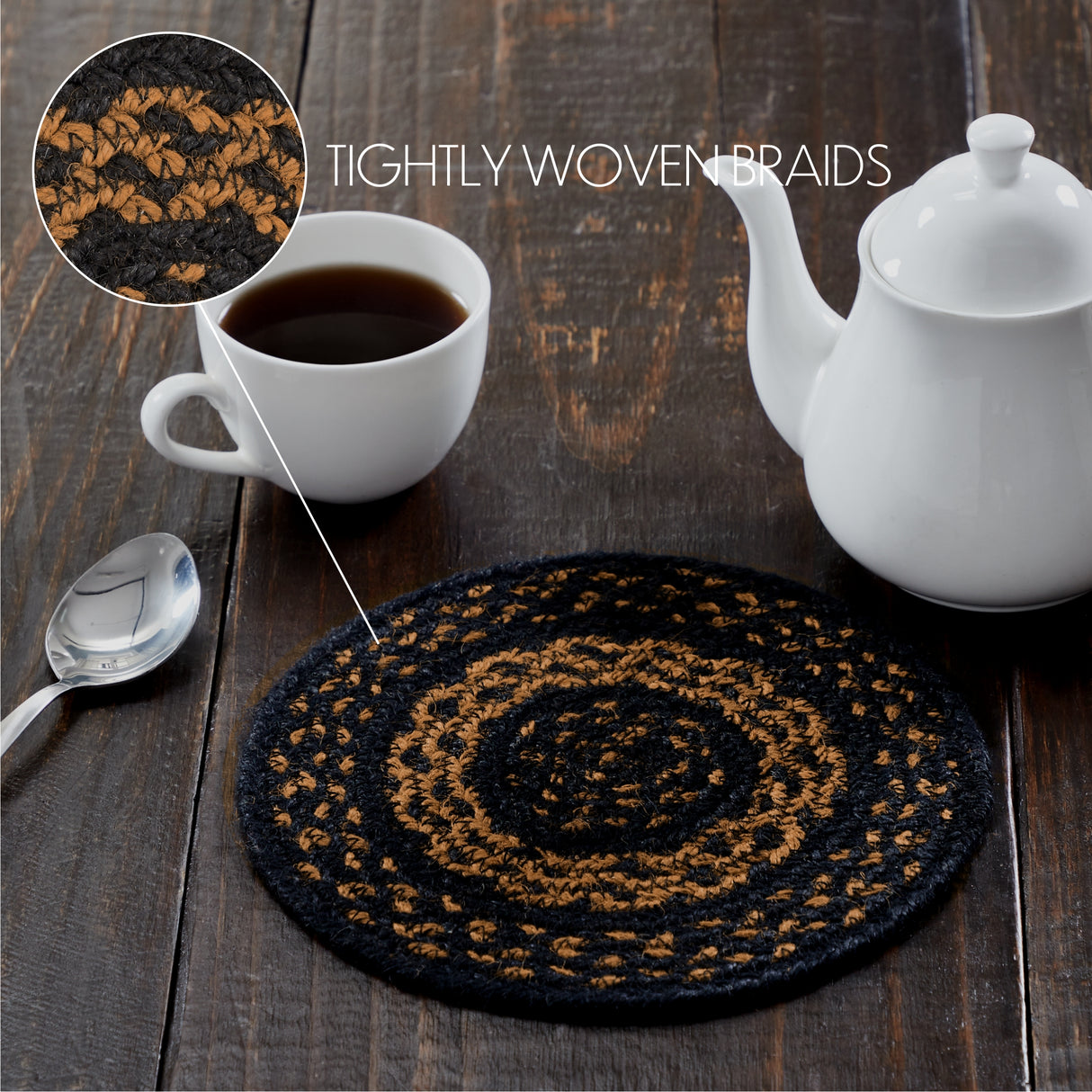 Black & Tan Braided Jute Mat Trivet Placemat, Round, Black, 15 inch, Set of 3