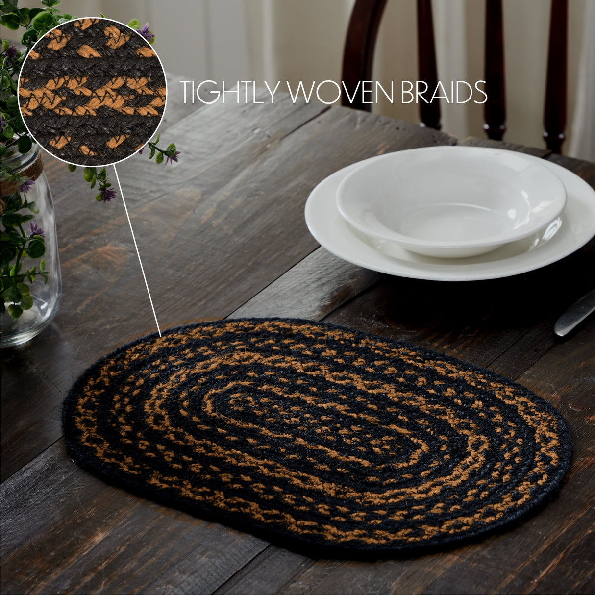 Black & Tan Dining Table Placemat, Braided Jute, Oval, Black, 10x15, 6 Pack 6 Pack