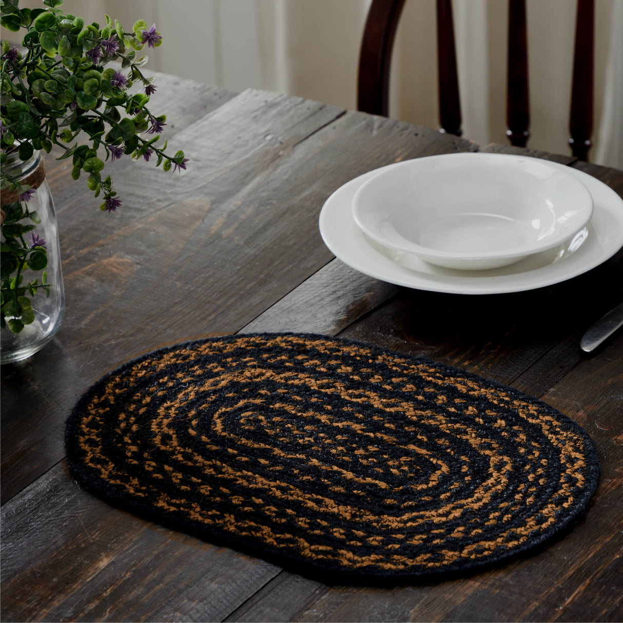 Black & Tan Dining Table Placemat, Braided Jute, Oval, Black, 10x15, 12 Pack 12 Pack