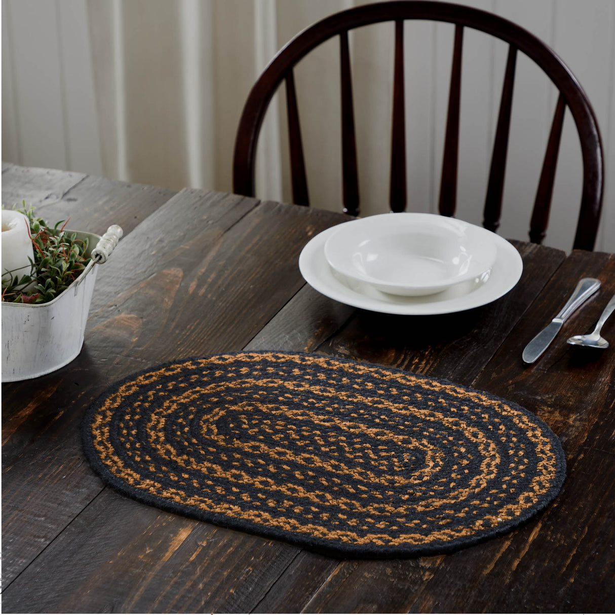 Black & Tan Dining Table Placemat, Braided Jute, Oval, Black, 12x18, 6 Pack 6 Pack