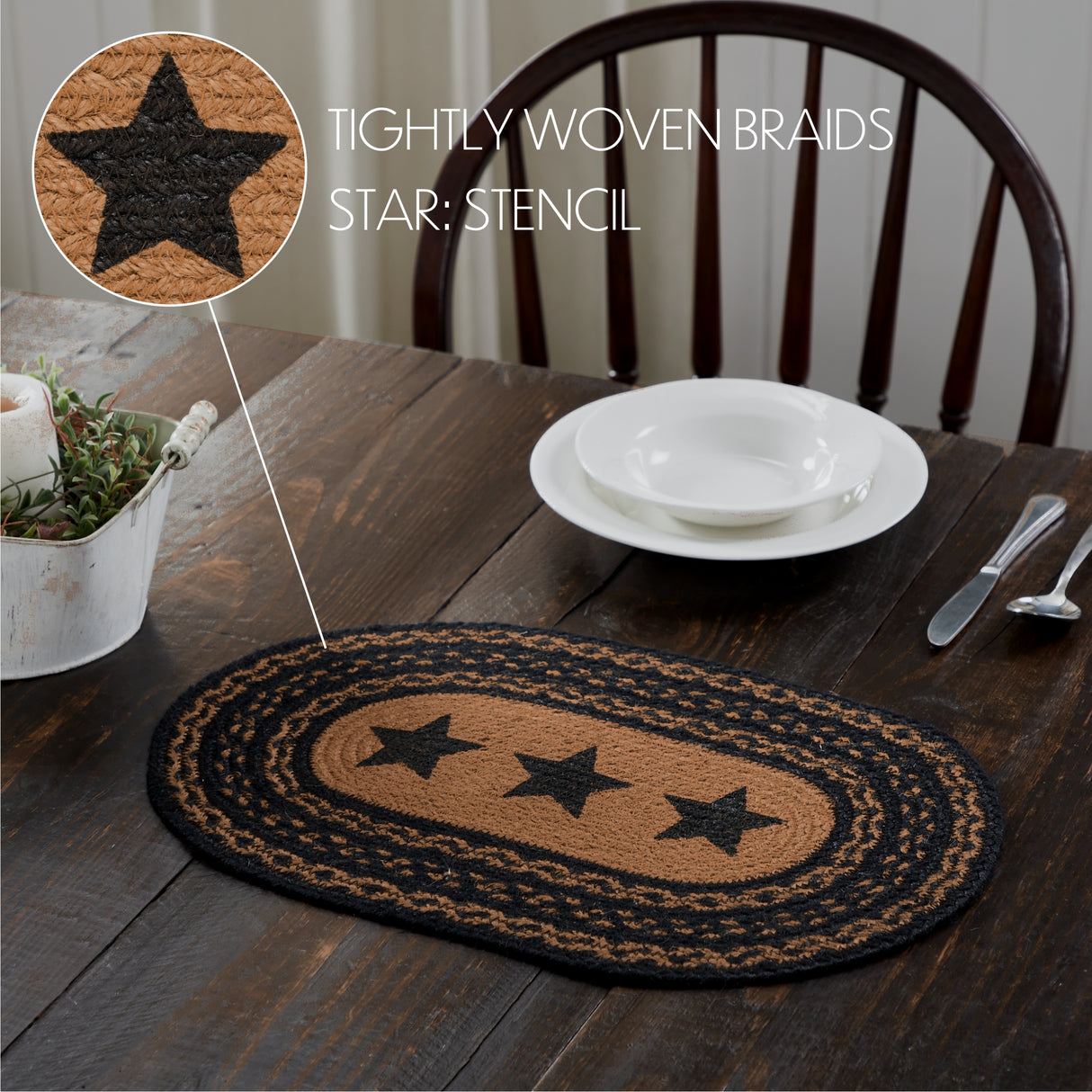 Farmhouse Star Dining Table Placemat, Braided Jute, Oval, Black Tan, 10x15, 6 Pack 6 Pack