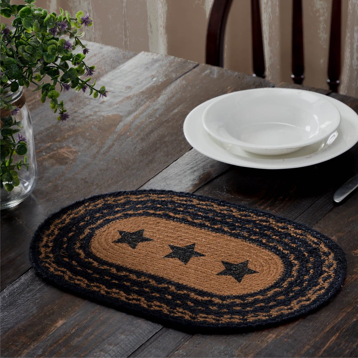 Farmhouse Star Dining Table Placemat, Braided Jute, Oval, Black Tan, 12x18, 4 Pack 4 Pack