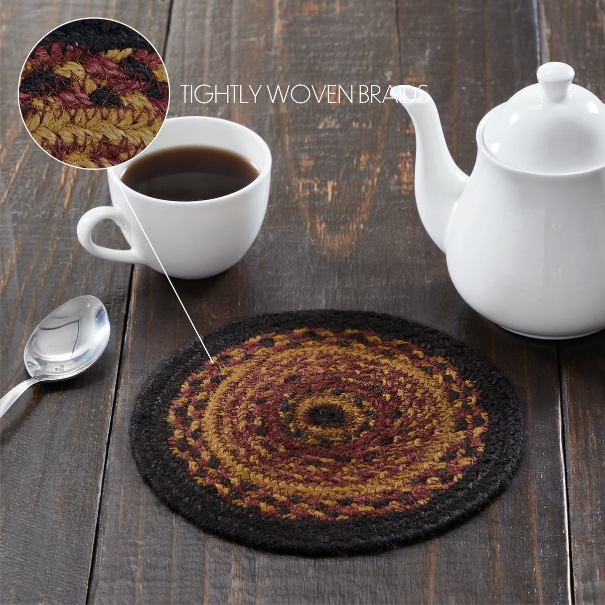 Heritage Farms, Braided Jute Mat Trivet Placemat, Round, Red Black Tan, 8 inch, Set of 3
