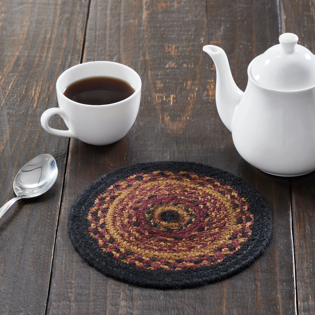 Heritage Farms, Braided Jute Mat Trivet Placemat, Round, Red Black Tan, 8 inch, Set of 3