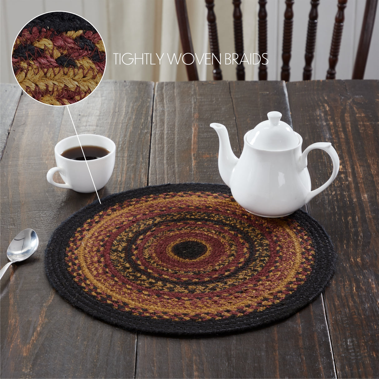 Heritage Farms, Braided Jute Mat Trivet Placemat, Round, Red Black Tan, 15 inch, Set of 3