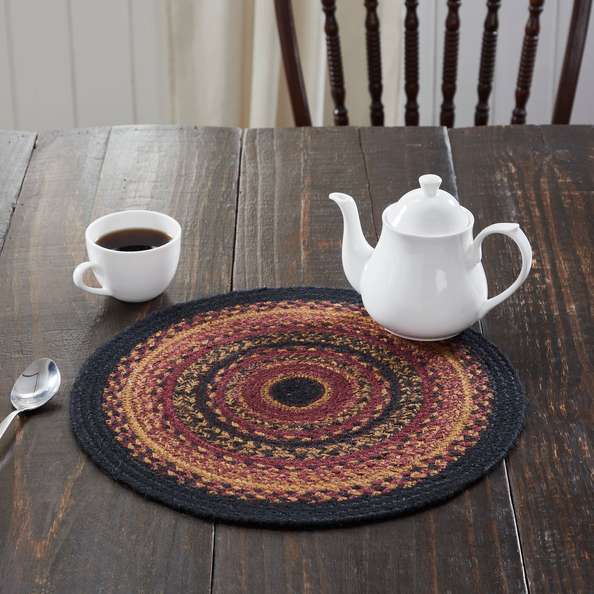 Heritage Farms, Braided Jute Mat Trivet Placemat, Round, Red Black Tan, 15 inch, Set of 3