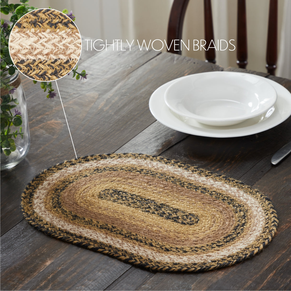 Kettle Grove, Dining Table Placemat, Braided Jute, Oval, Tan & Black, 10x15, 6 Pack 6 Pack
