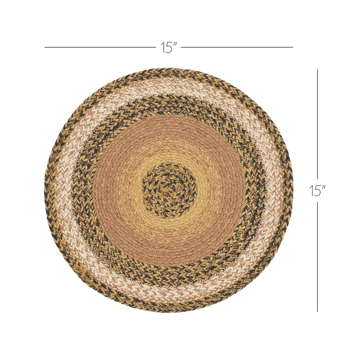 Kettle Grove, Braided Jute Mat Trivet Placemat, Round, Black Tan, 15 inch, Set of 3