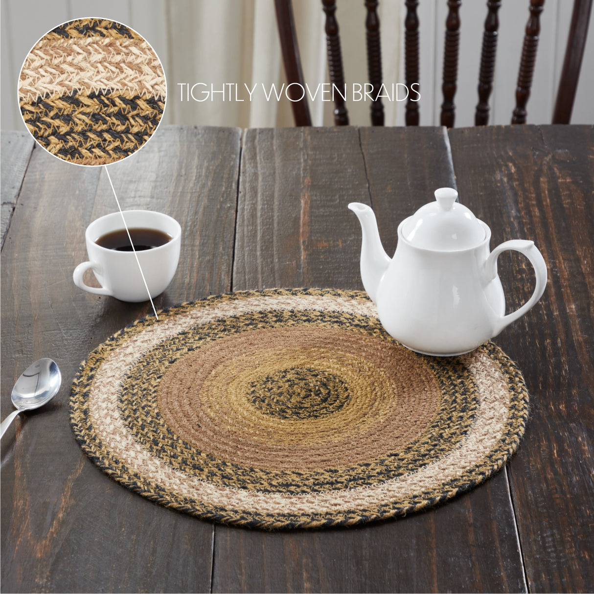 Kettle Grove, Braided Jute Mat Trivet Placemat, Round, Black Tan, 15 inch, Set of 3