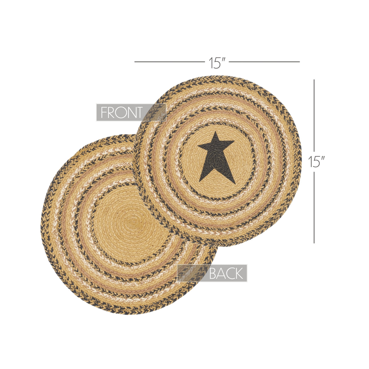 Kettle Grove, Braided Jute Mat Trivet Placemat, Star, Round, Black Tan, 15 inch, Set of 3