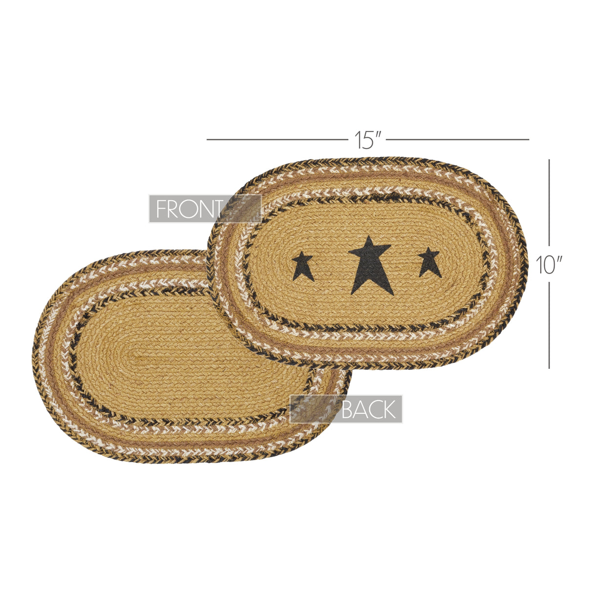 Kettle Grove, Dining Table Placemat, Braided Jute, Stars, Oval, Tan & Black, 10x15, 8 Pack 8 Pack
