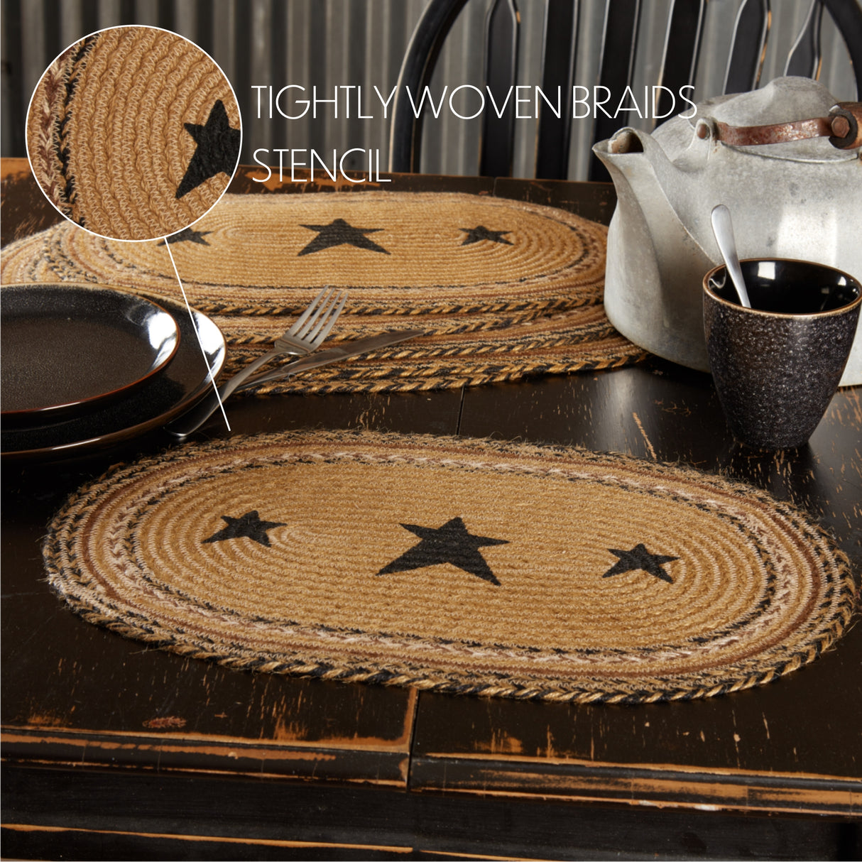 Kettle Grove, Dining Table Placemat, Braided Jute, Stars, Oval, Tan & Black, 10x18, 6 Pack 6 Pack
