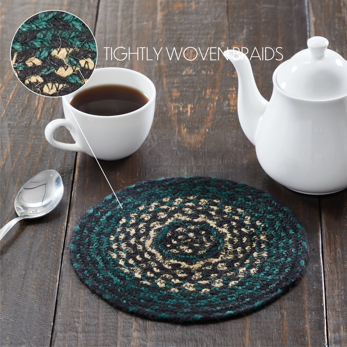 Pine Grove, Braided Jute Mat Trivet Placemat, Round, Green, 8 inch, Set of 3