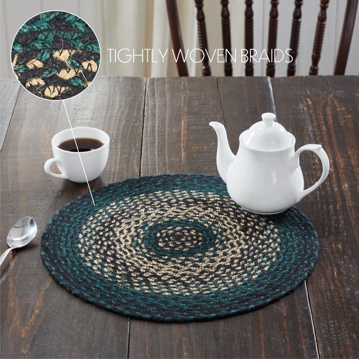 Pine Grove, Braided Jute Mat Trivet Placemat, Round, Green, 15 inch, Set of 3