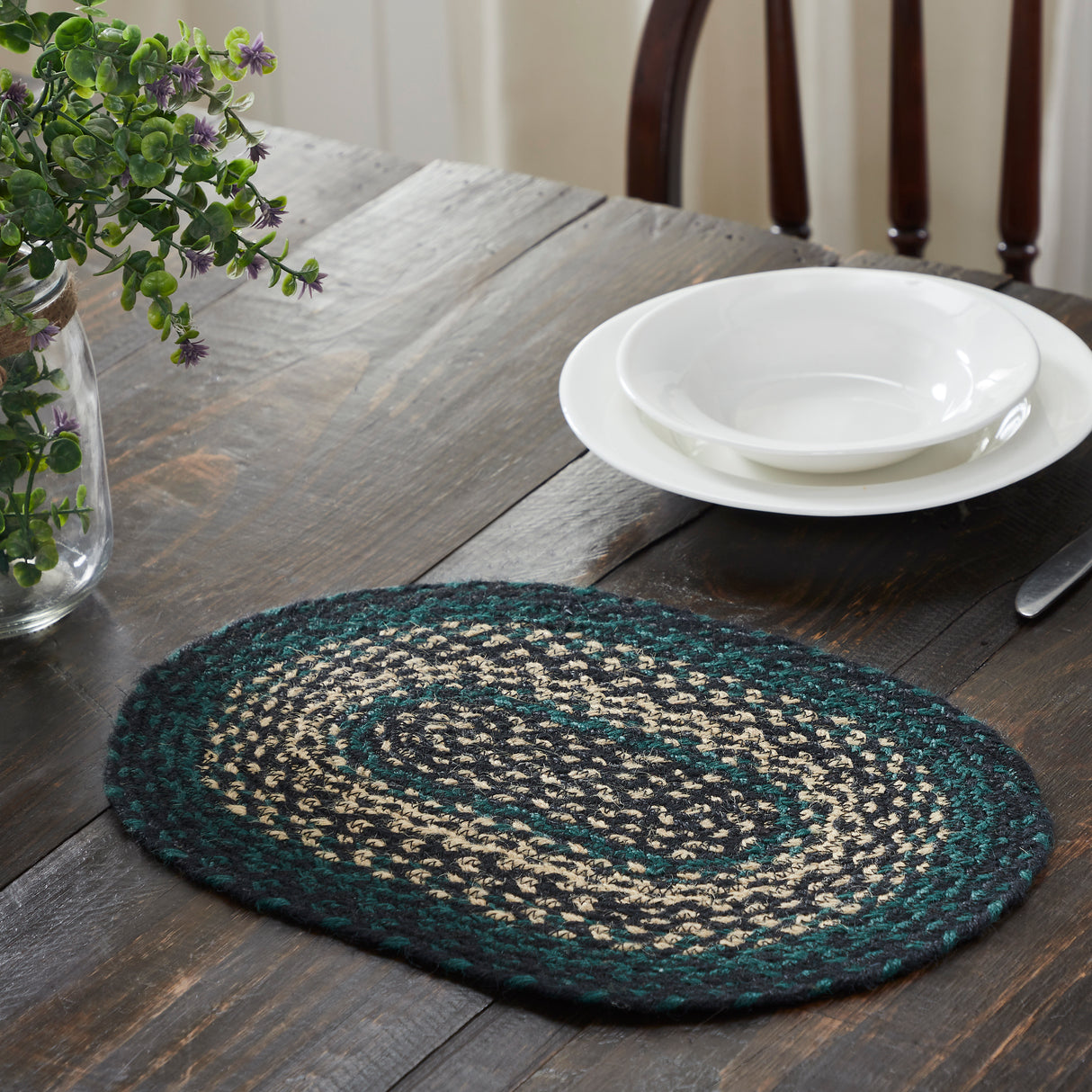 Pine Grove, Dining Table Placemat, Braided Jute, Oval, Green, 10x15, 12 Pack 12 Pack
