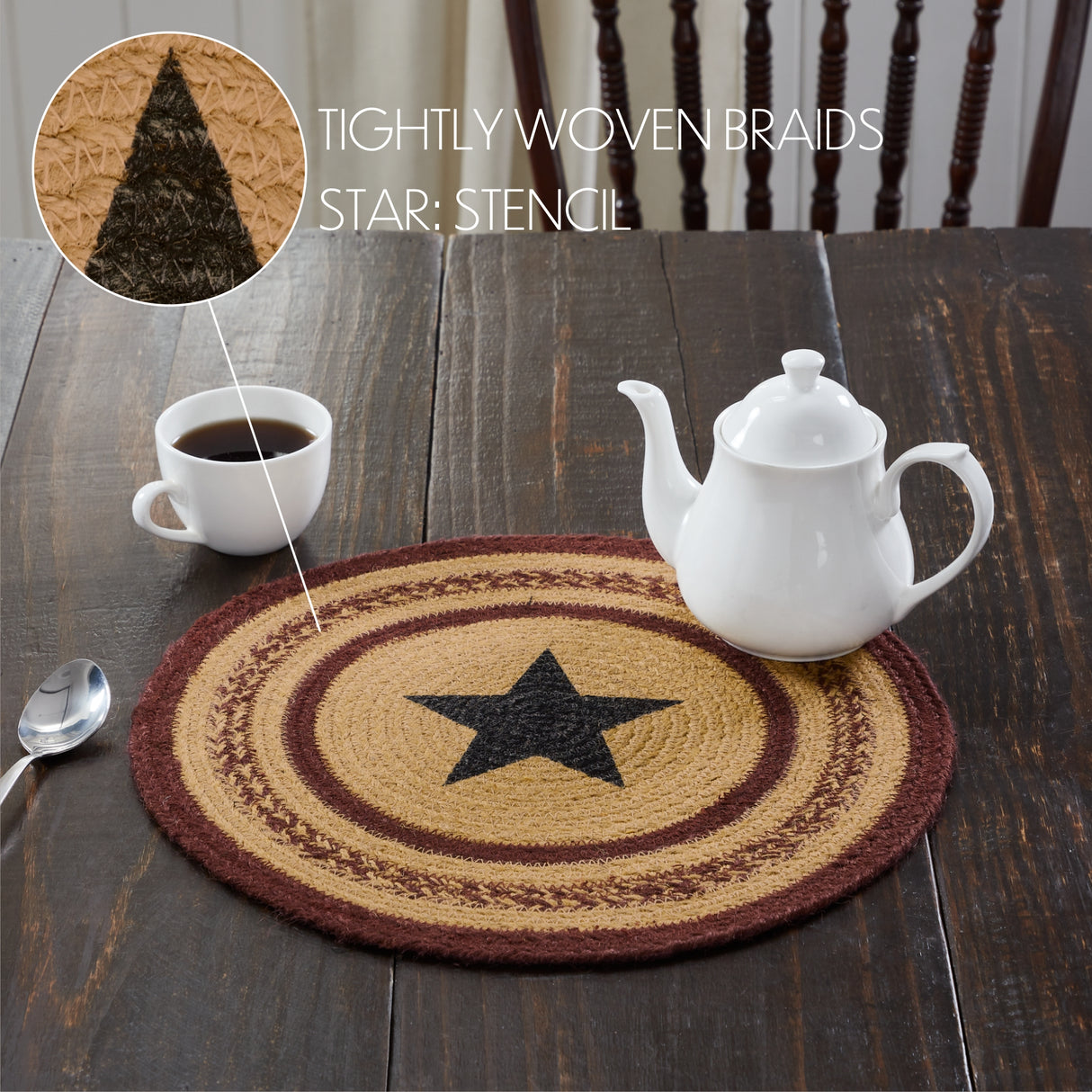 Potomac, Braided Jute Mat Trivet Placemat, Round, Star, Red Tan Blue, 15 inch, Set of 3