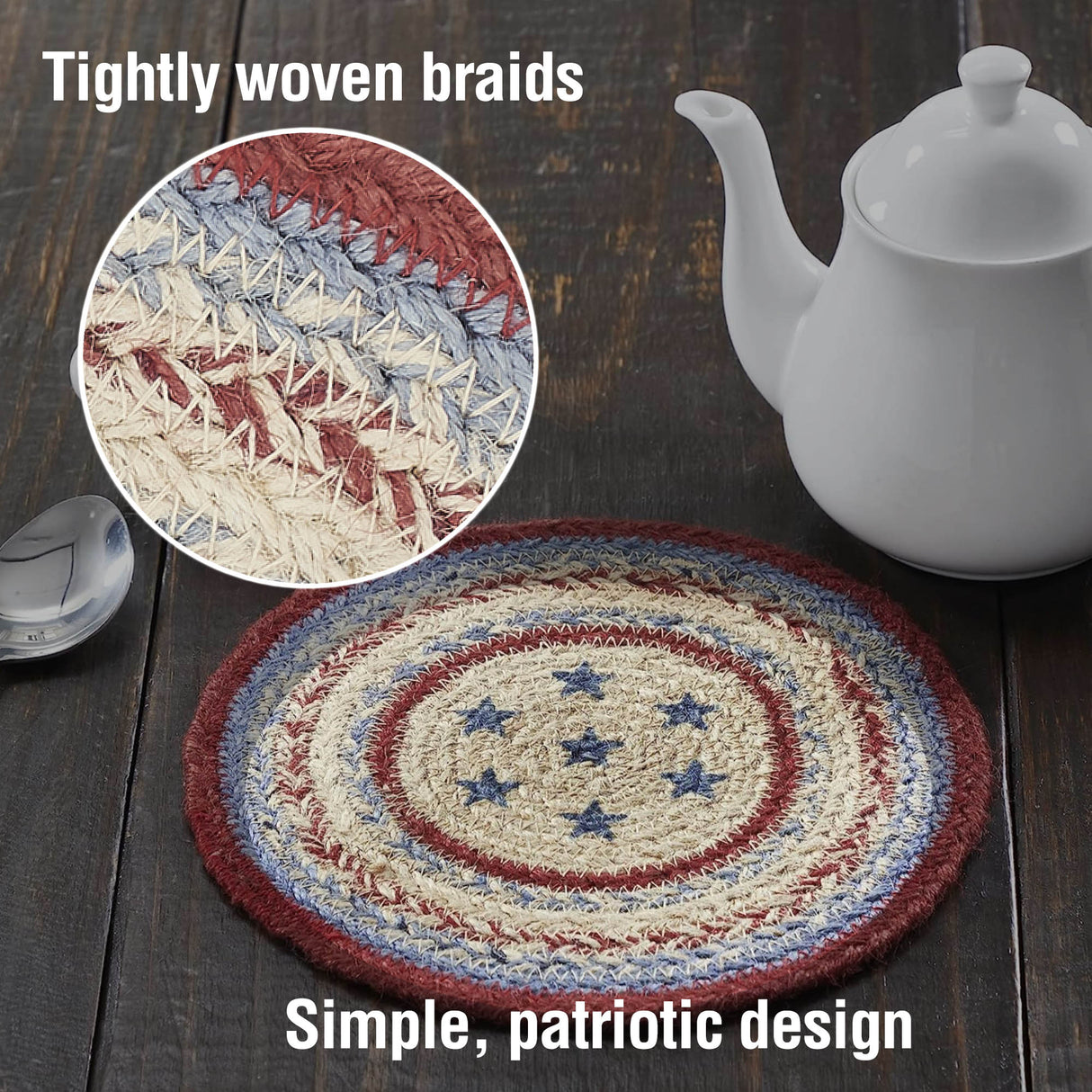 Celebration Braided Jute Mat Trivet Placemat, Round, Red Creme Blue, 8 inch, Set of 3
