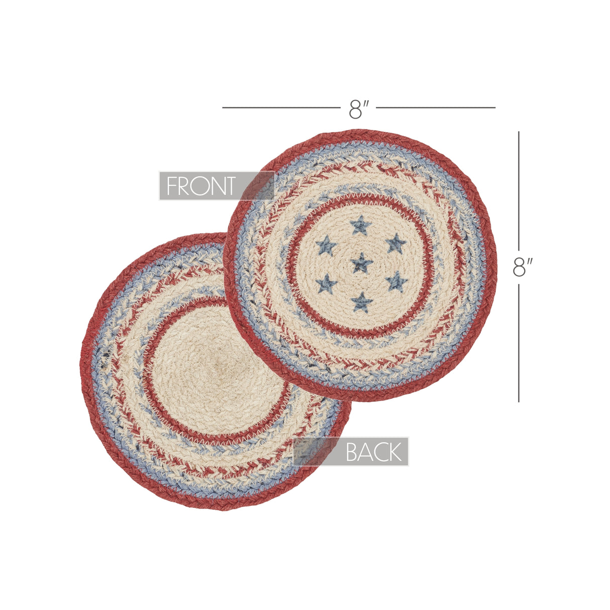 Celebration Braided Jute Mat Trivet Placemat, Round, Red Creme Blue, 8 inch, Set of 3