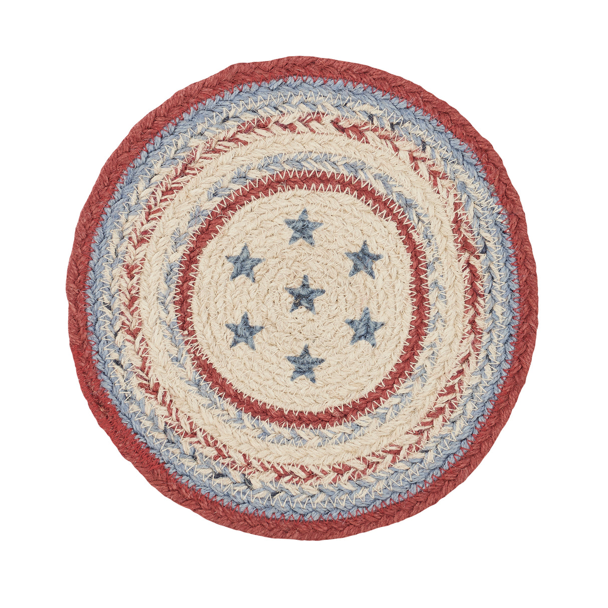 Celebration Braided Jute Mat Trivet Placemat, Round, Red Creme Blue, 8 inch, Set of 3