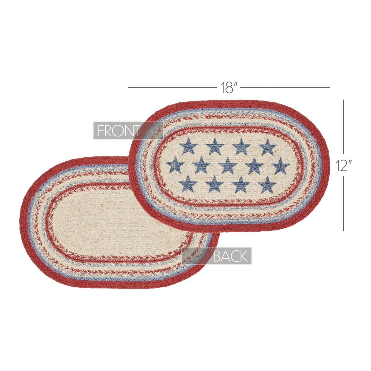 Celebration Dining Table Placemat, Braided Jute, Oval, Red Creme Blue, 12x18, 4 Pack 4 Pack