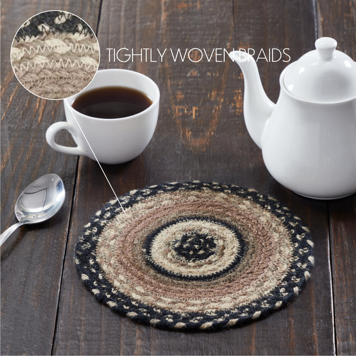 Sawyer Mill, Braided Jute Mat Trivet Placemat, Round, Charcoal Creme, 8 inch, Set of 3