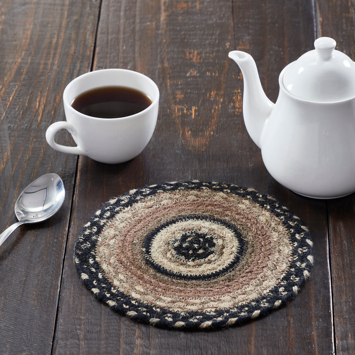 Sawyer Mill, Braided Jute Mat Trivet Placemat, Round, Charcoal Creme, 8 inch, Set of 3