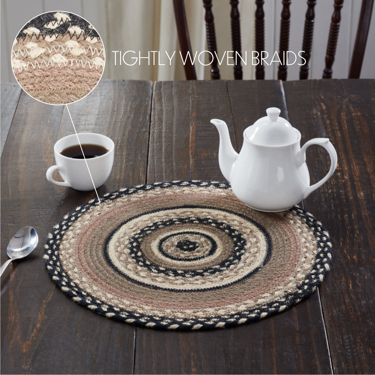 Sawyer Mill, Braided Jute Mat Trivet Placemat, Round, Charcoal Creme, 15 inch, Set of 3