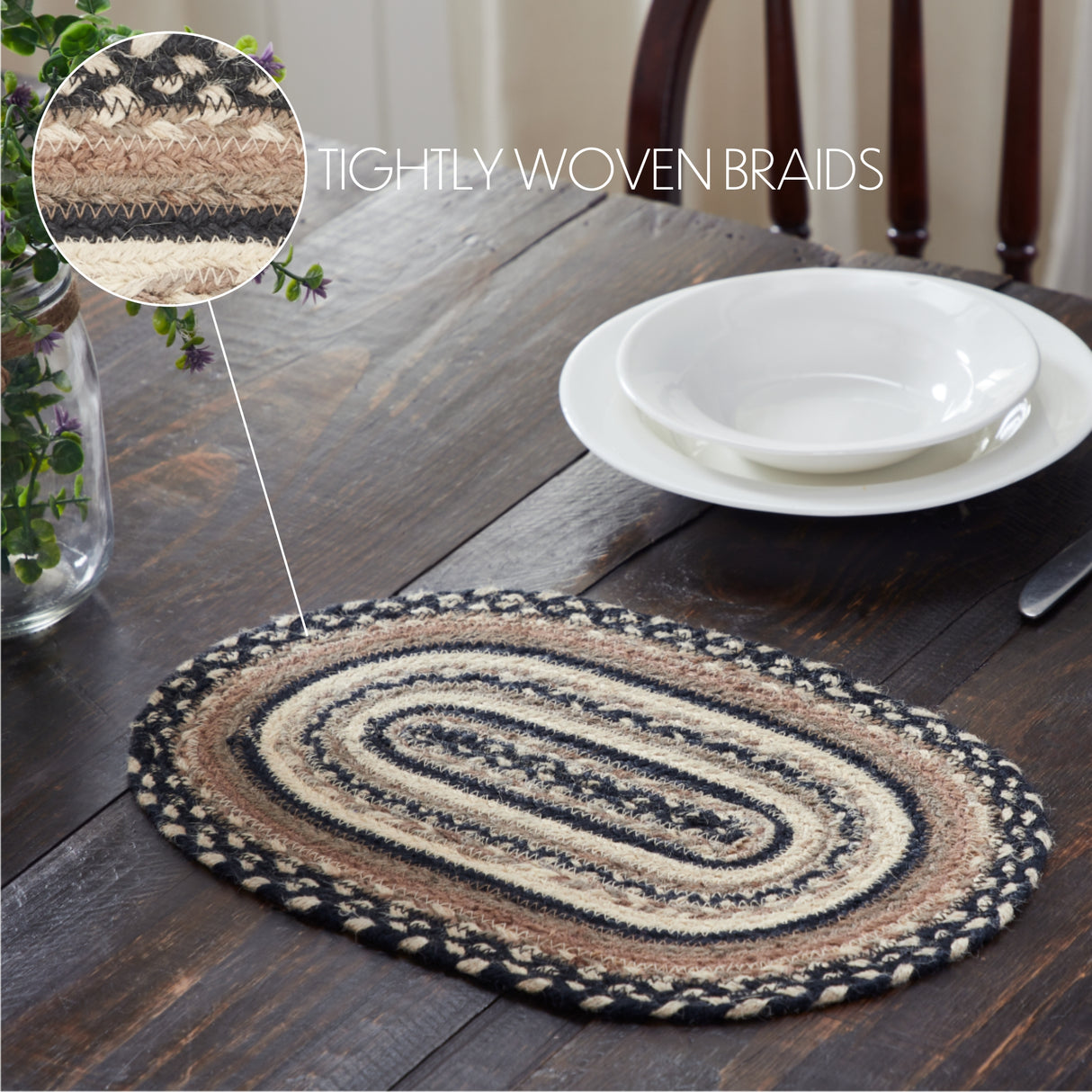 Sawyer Mill, Dining Table Placemat, Braided Jute, Oval, Charcoal Creme, 10x15, 8 Pack 8 Pack