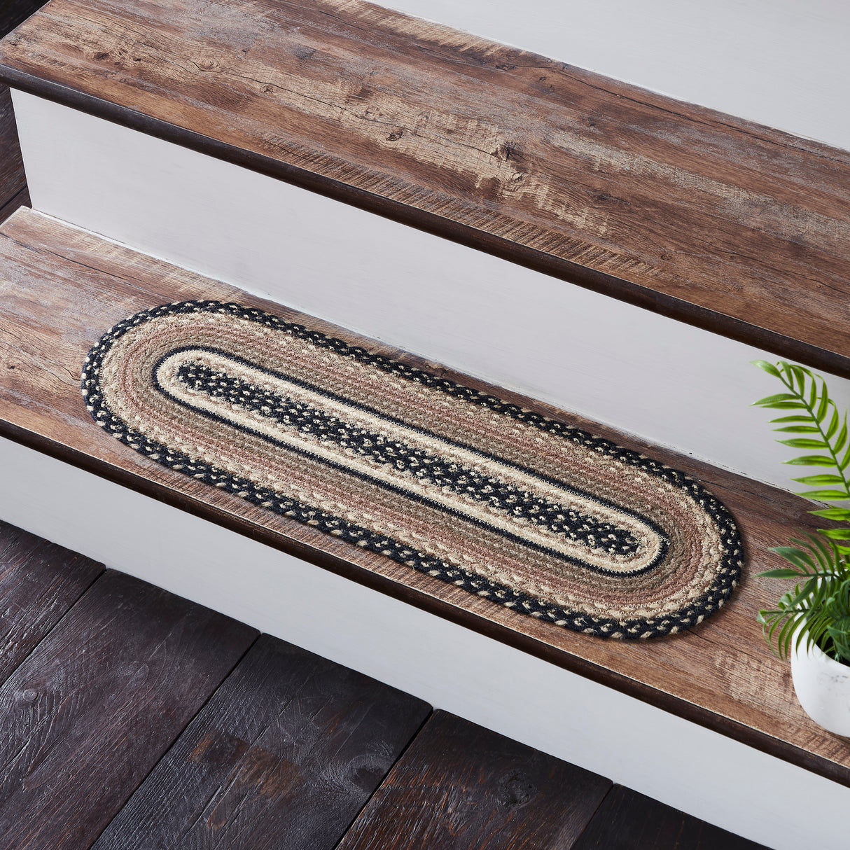 Sawyer Mill Charcoal Creme Jute Stair Tread Oval Latex 8.5x27, Set of 7