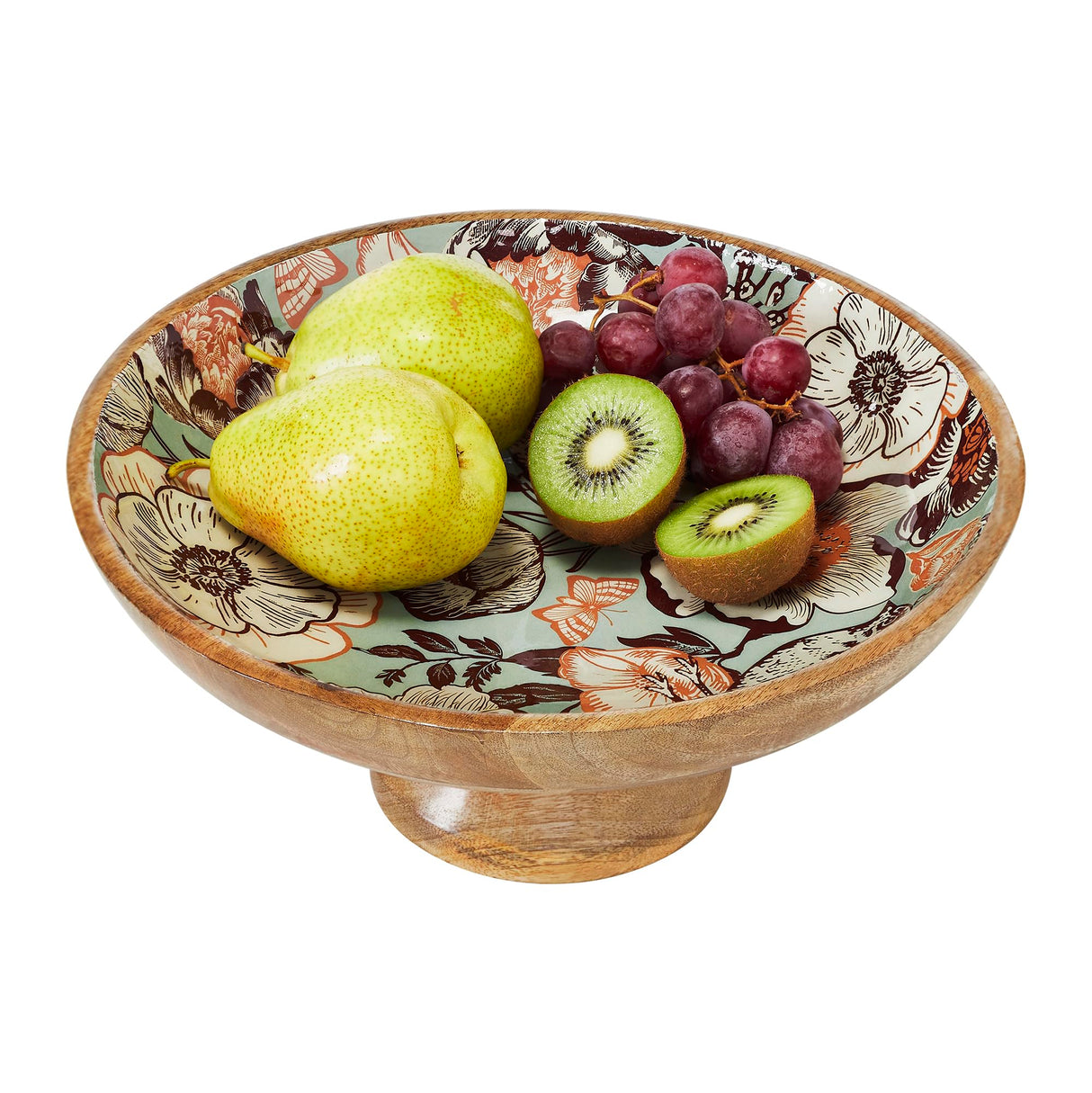 Natural with Bird Print Wooden Bowl 12x12x5.75