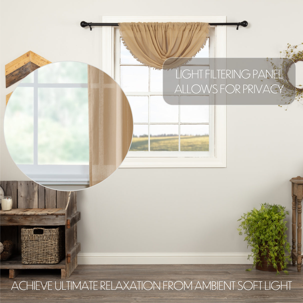 Tobacco Cloth Khaki Balloon Valance Fringed 15x60