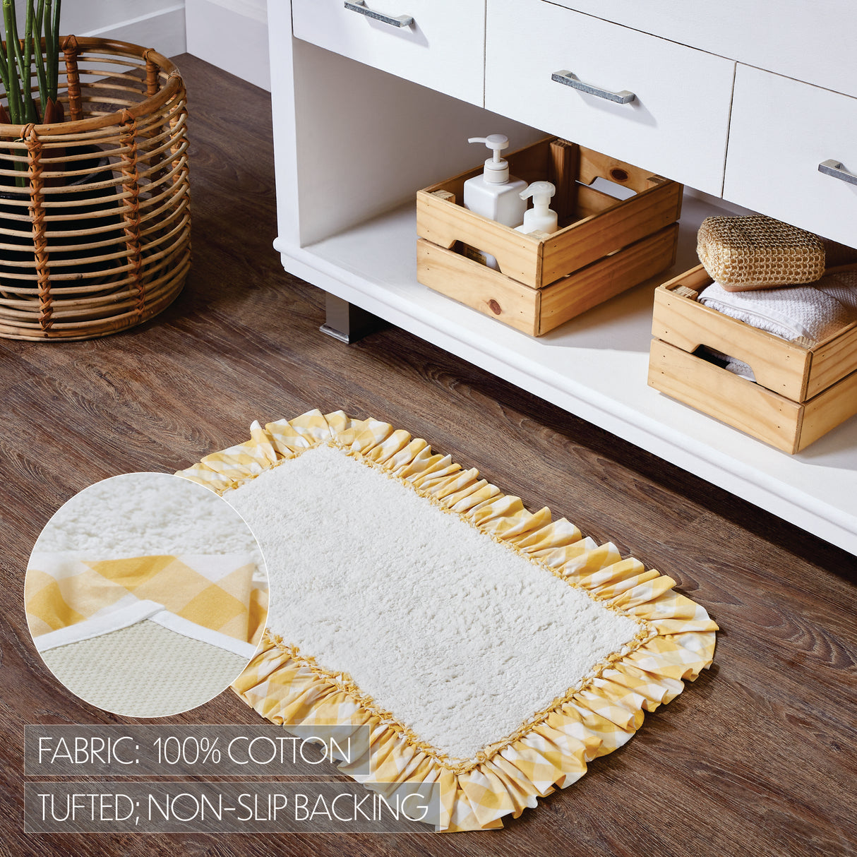 VHC Brands Annie Buffalo Check Cornsilk Yellow 2pc Bathhmat Set, 20x30 and 27x48
