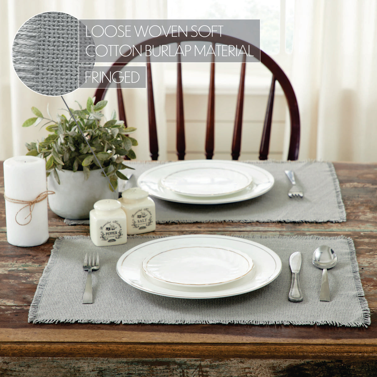 Burlap Dove Grey Placemat Set of 6 Fringed 13x19
