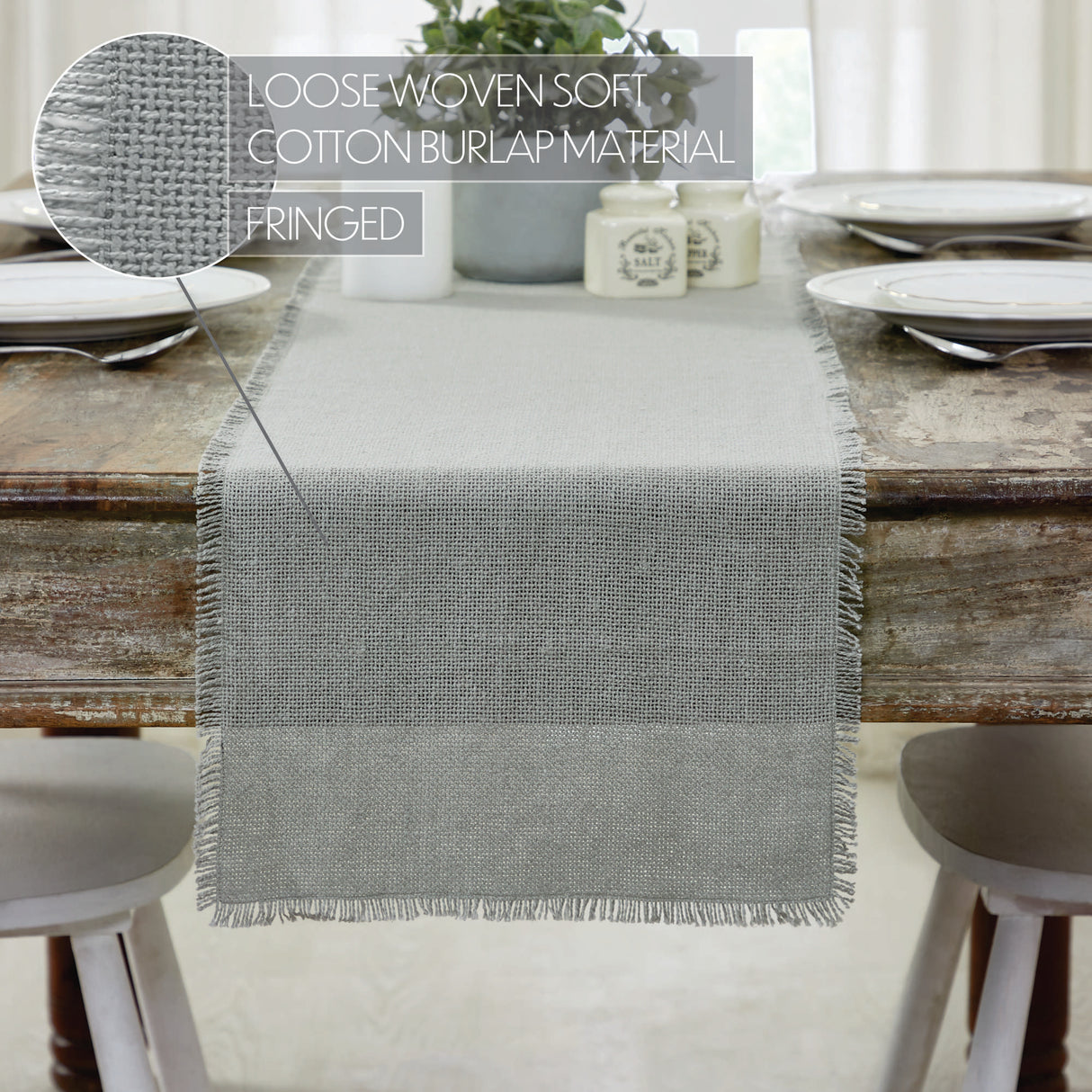 Burlap Dove Grey Runner Fringed 12x48