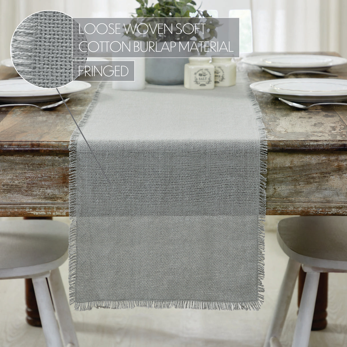 Burlap Dove Grey Runner Fringed 12x72