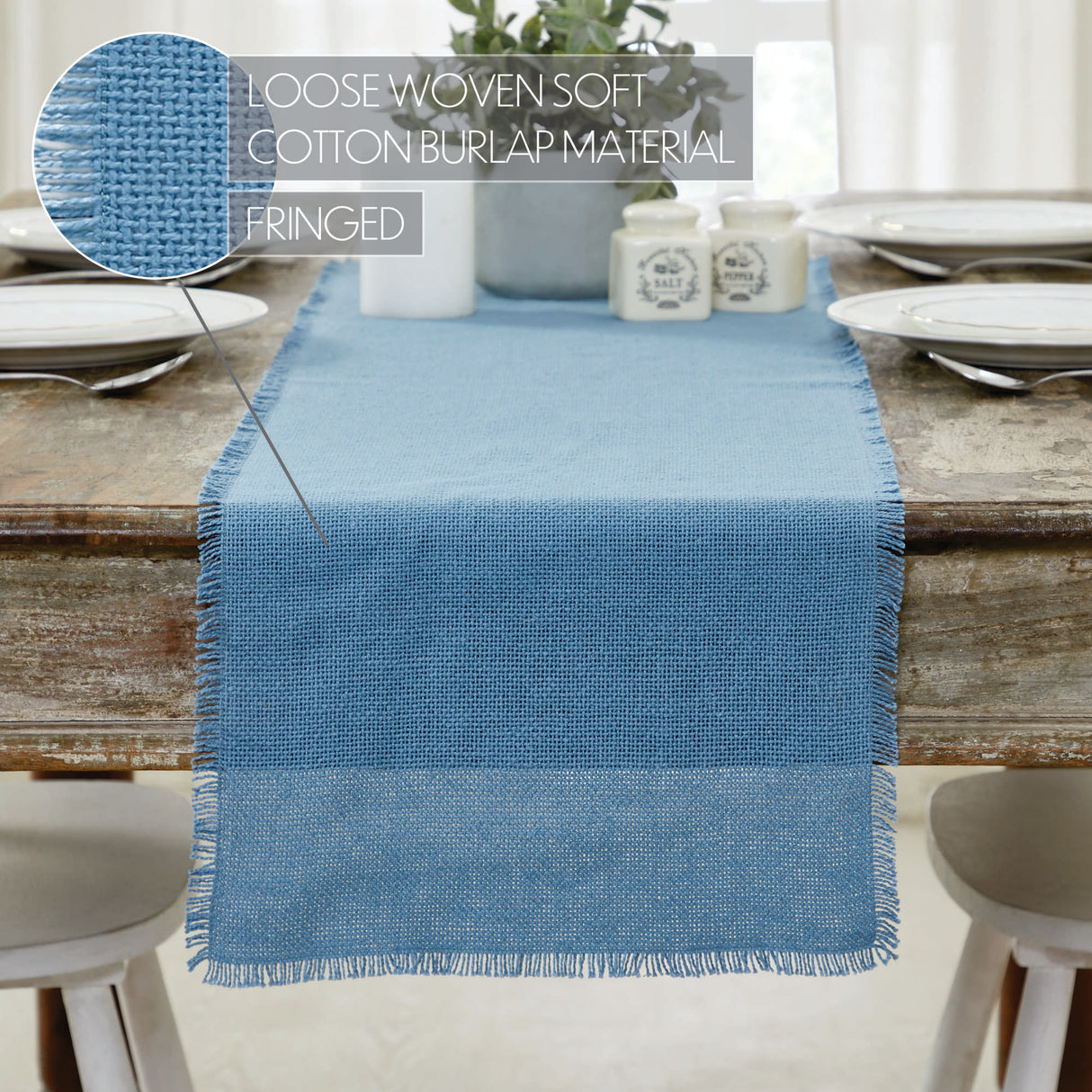 Burlap Blue Runner Fringed 12x48