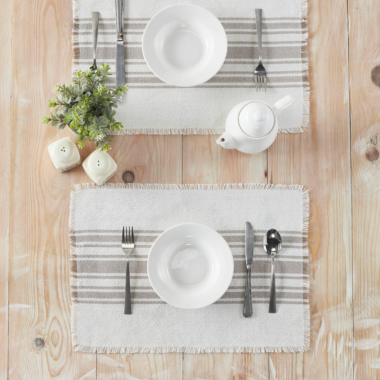Antique White Stripe Farmhouse 13"x19" Placemat Set of 6 Grey Recycled Plastic (PET) Striped Water-Resistant Rect Kitchen Table Decor, 12 Pack