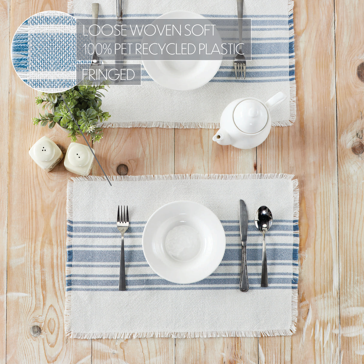 Antique White Stripe Dusk Blue 12x72 Table Runner & 6 pc 13x19 Placemat Set