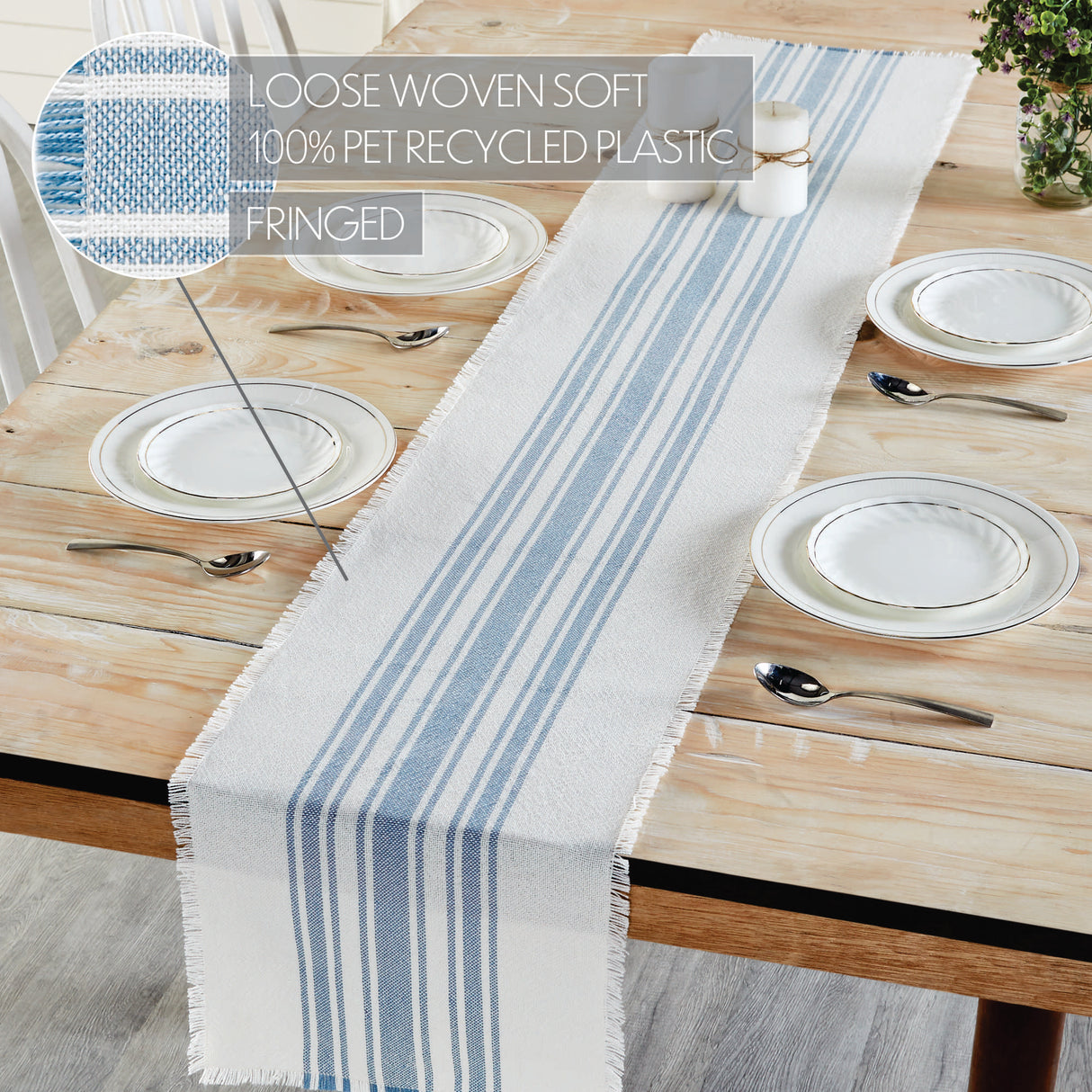 Antique White Stripe Dusk Blue 12x72 Table Runner & 6 pc 13x19 Placemat Set