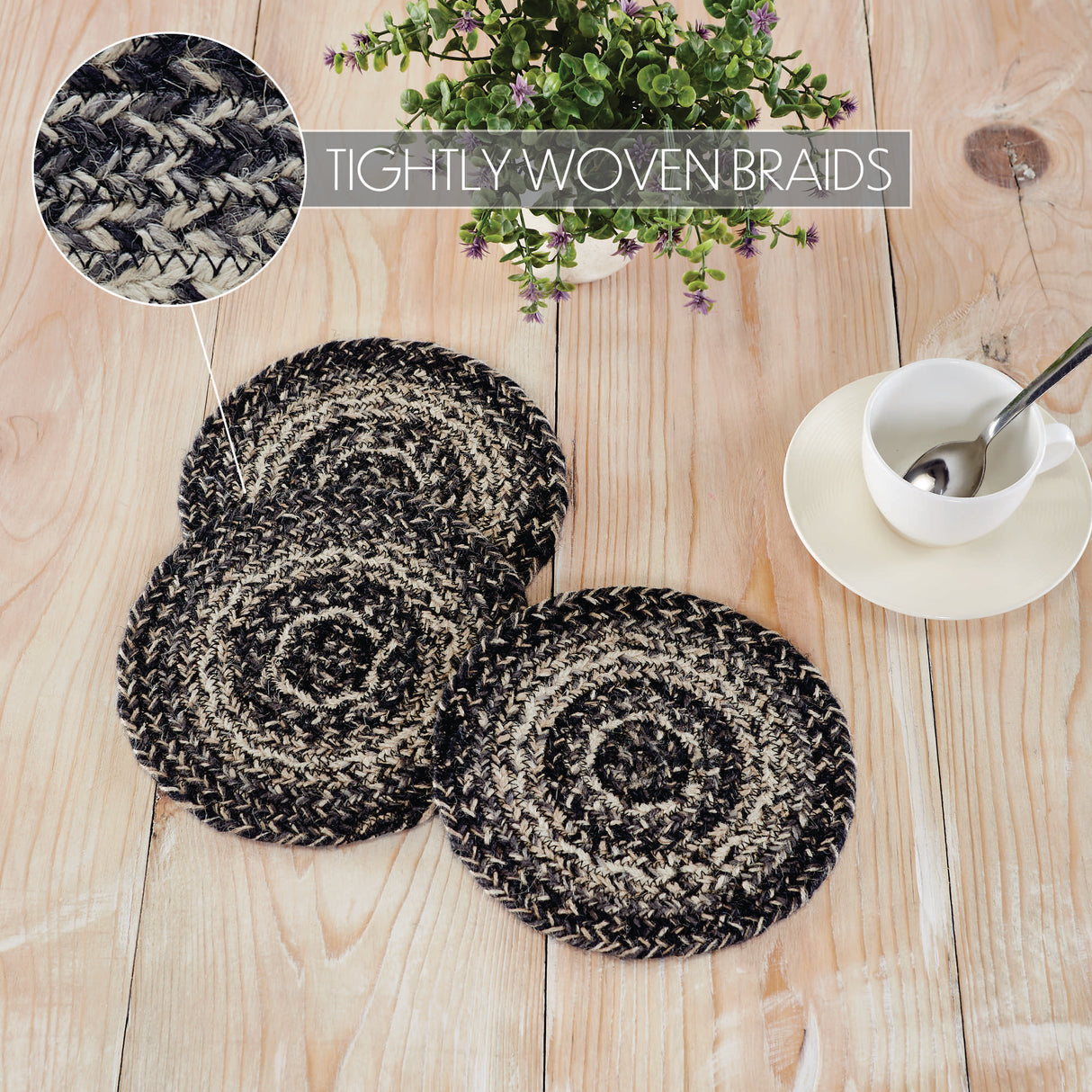 Sawyer Mill Black White Jute Trivet 8 inch Diameter Set of 3
